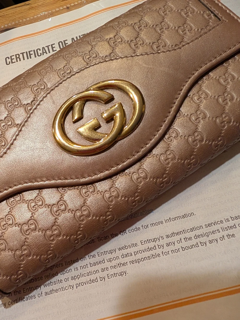 Gucci Metallic Rose Gold GG Continental Wallet & COA, Chain